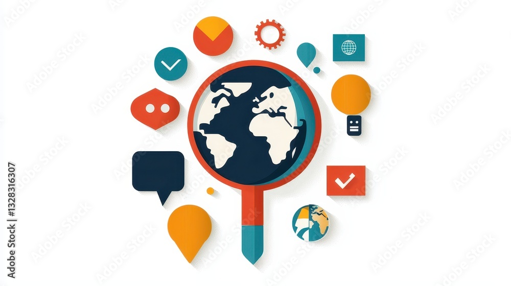 Poster a colorful illustration of a globe under a magnifying glass, surrounded by various icons representin