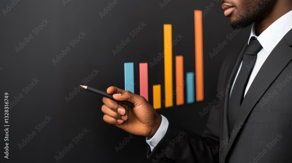 Poster a professional man in a suit points at a colorful bar graph on a black background, indicating data a