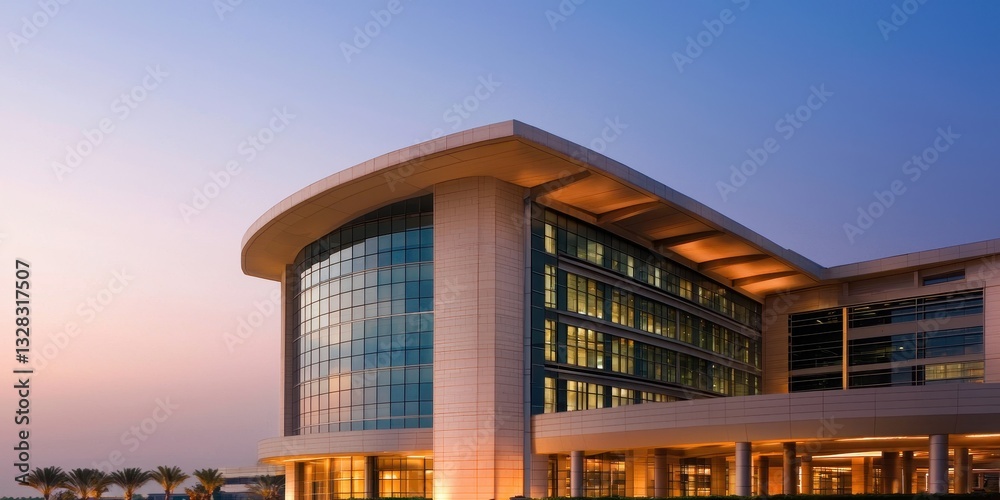 Poster a modern building with a large glass facade illuminated by twilight, showcasing sleek design and arc