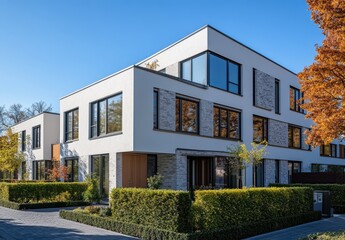 Fototapeta premium Modern residential building with large windows and landscaped yard showcasing contemporary architecture against a clear blue sky