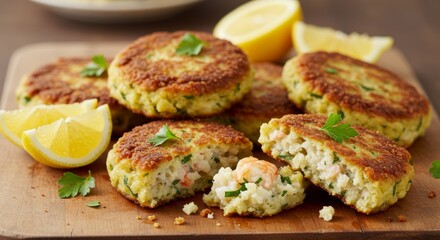 Delicious Crispy Shrimp and Rice Cakes with Lemon Garnish Close up Food Photography