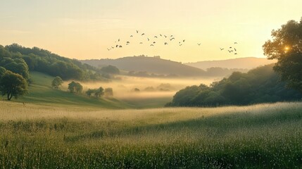 Obraz premium peaceful summer morning in the countryside, with dew on the grass, birds singing, and a soft mist rising from the hills.