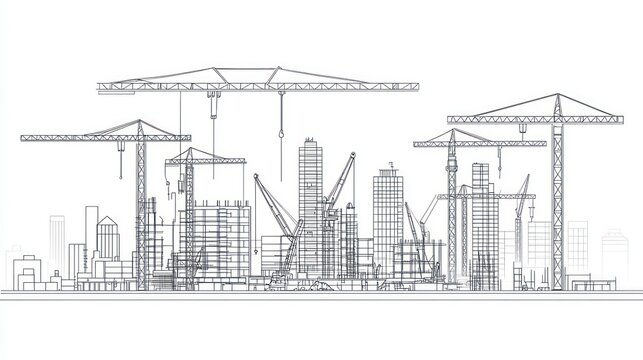 Cityscape under construction with cranes, engineering design