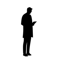 Silhouette illustration of a male doctor reading a clipboard. Professional medical staff in lab coat, standing and analyzing data. Perfect for healthcare, hospital, and medical themes