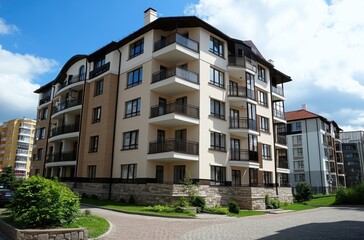 Fototapeta premium Modern residential buildings with balconies surrounded by greenery under a clear blue sky in an urban environment showcasing contemporary architecture
