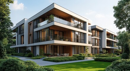 Fototapeta premium Modern residential buildings with large windows and lush green landscaping in a serene suburban setting under a clear blue sky