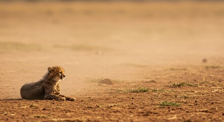 Serene Cheetah Cub in Dusty African Savanna at Sunrise Awaiting its Mother's Return
