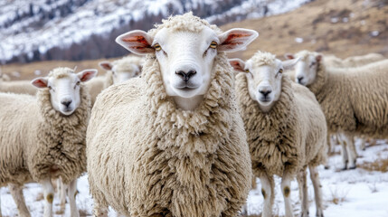 Obraz premium A group of sheep standing in a snowy landscape, showcasing their woolly coats and serene demeanor.
