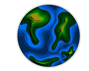 Papercut Earth illustration with layered blue and green detail. Intricate design, conceptual and dimensional, on a white background