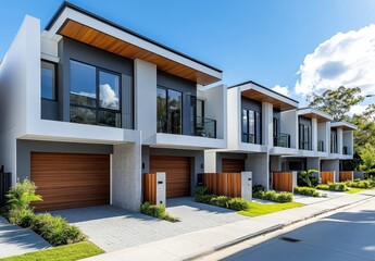 Fototapeta premium Modern residential complex featuring sleek design elements and vibrant landscaping under a clear blue sky in a suburban setting