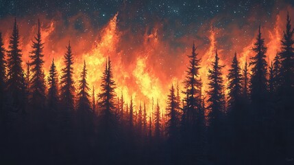 forest fire rages through a dense pine forest, illuminating the night sky with its orange glow