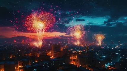 A brilliant night sky filled with vibrant fireworks, exploding in colorful bursts over a serene cityscape