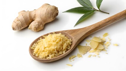 The Essence of Flavor: Fresh ginger and grated ginger on a wooden spoon, accompanied by a green leaf, create a visual symphony of taste and aroma. It embodies health.