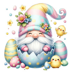 Delightful Easter Gnome Illustration A Whimsical Celebration of Spring This charming image features a cute gnome nestled inside a cracked Easter egg, surrounded by colorful decorations and adorable