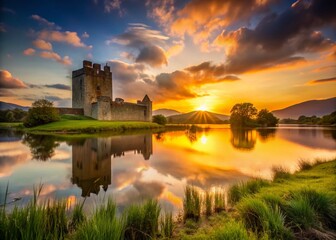 Ross Castle Ruins Silhouette, Irish Lake Sunset, Golden Hour Landscape Photography