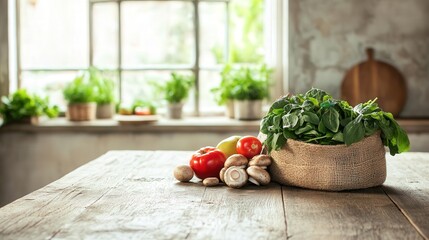 rustic wooden table and a grocery bag containing fresh produce such as spinach, apples, tomatoes, and mushrooms.