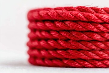Close-up of tightly coiled crimson rope. Illustrates texture, nautical themes, crafting, and strength.