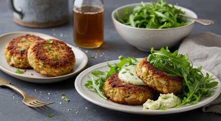 Delicious Homemade Fish Cakes with Creamy Sauce and Arugula Salad