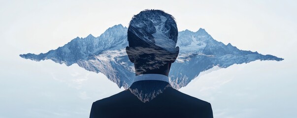 Man in Suit Silhouetted with Mountainous Landscape Overlaid on Head