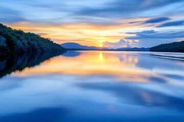 Fototapeta premium Calm water reflecting beautiful sunset with hills and forest in the background