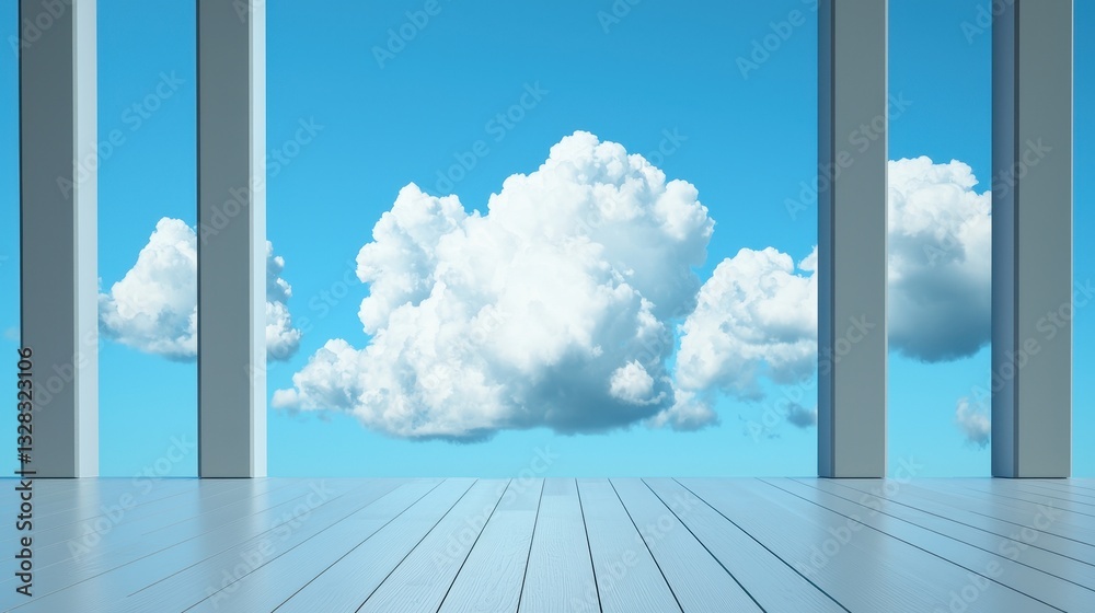 Poster a serene view of a blue sky with fluffy clouds framed by tall, minimalistic pillars and a wooden flo