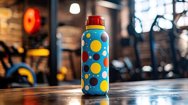 Colorful superhero-themed water bottle with cheerful design in gym setting, capturing funenergy, perfect for fitness, gym, or children's content