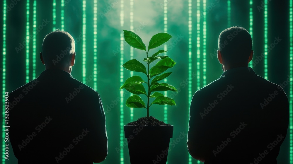 Poster two figures observe a small plant against a backdrop of green digital patterns, symbolizing the inte