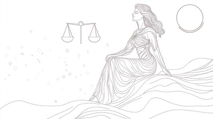 Libra zodiac sign, woman, scales, celestial background, art print, illustration, spiritual, serenity