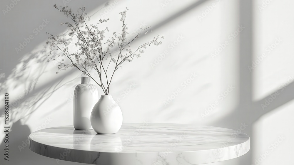 Poster marble table top with soft abstract shadows falling on a pristine white wall, creating an elegant setting for minimalist product display