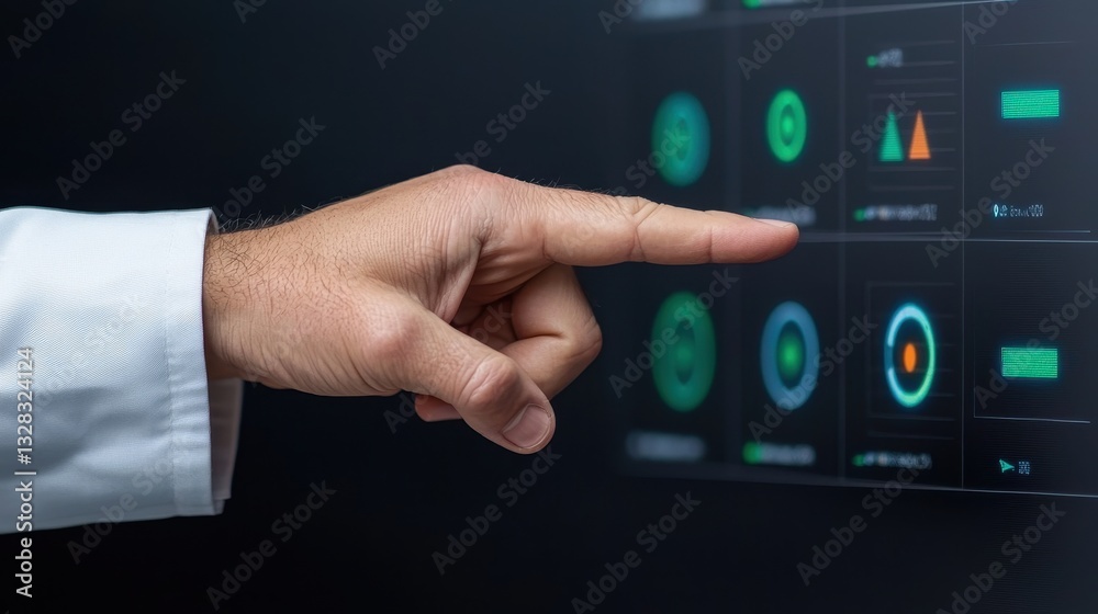 Poster A hand touches a digital interface displaying various colorful icons, suggesting interaction with technology and data analysis.