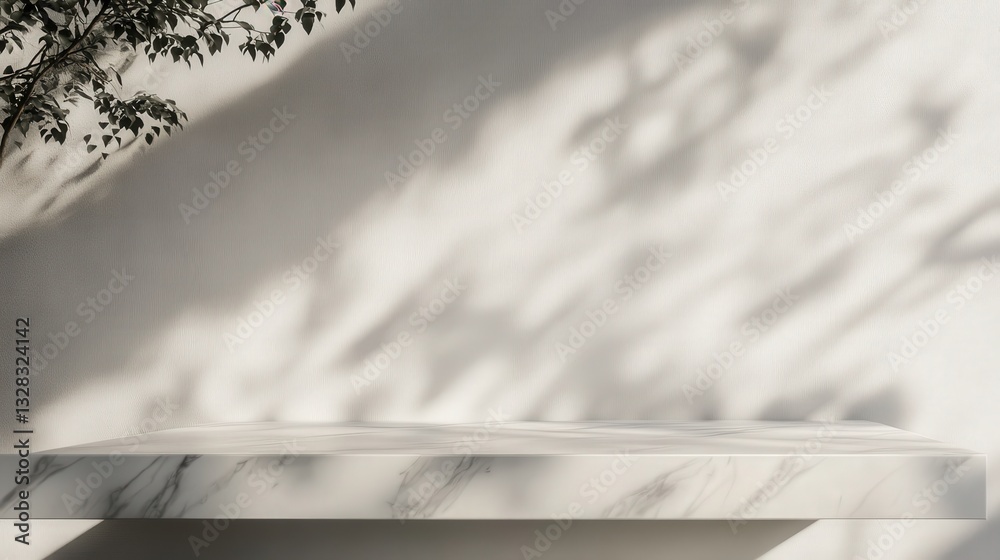 Poster marble table top with soft abstract shadows falling on a pristine white wall, creating an elegant setting for minimalist product display
