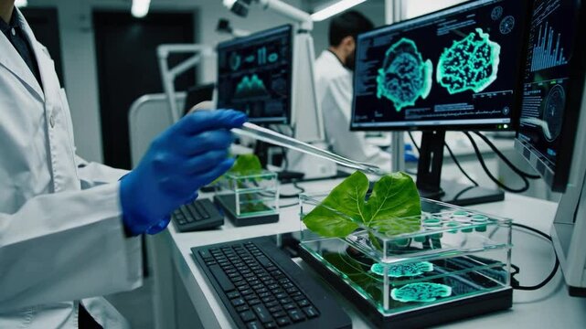 Young Black Male Researcher in Lab Coat Analyzing Plant Data in High-Tech Agricultural Research Facility with Monitors Displaying Genetic Information