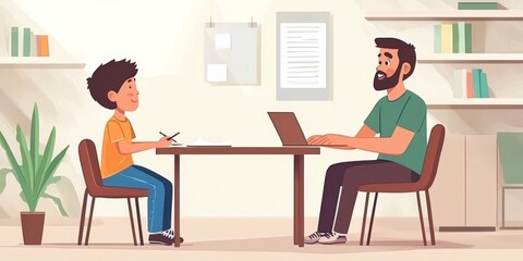 Online Tutoring Session Young Boy Learning with Teacher man desk flat help study child lesson laptop