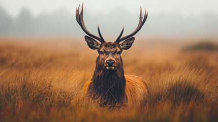 A majestic stag stands in a misty field of tall grass, showcasing its impressive antlers.