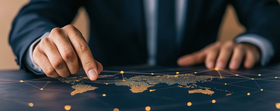 A business professional examines a world map, emphasizing global connectivity and strategy.