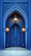 Obraz premium A blue arched doorway with ornate carvings and lanterns