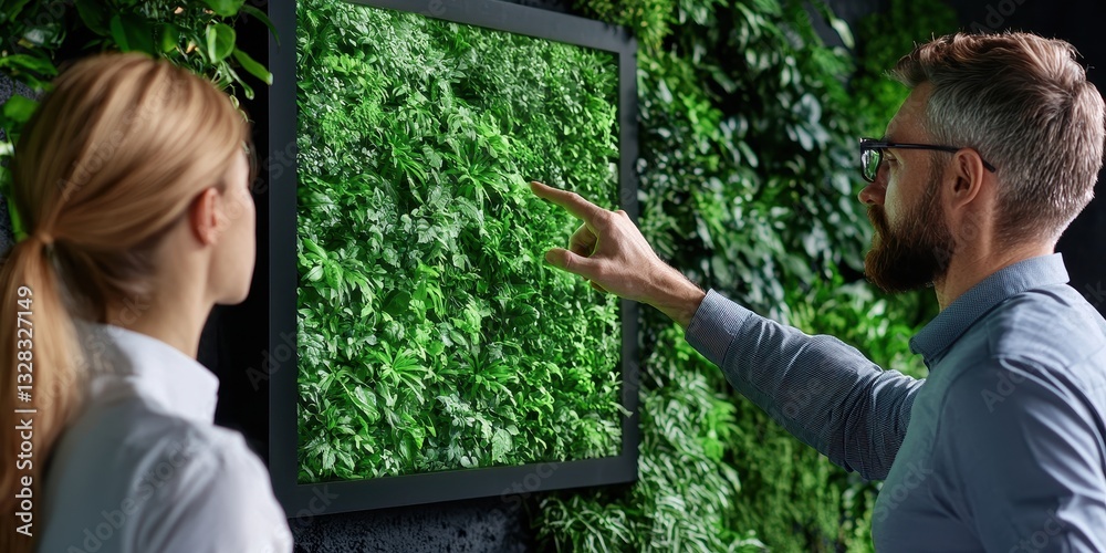 Poster a man and woman observe a digital display showing lush green foliage, highlighting innovation in nat