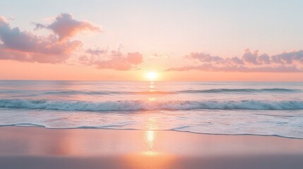 Obraz premium spring sunset over a calm beach, with the sky painted in shades of pink and orange as gentle waves roll in
