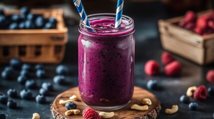119.A close-up of a berry smoothie in a tall, glass jar with a thick blue and white striped paper straw. The smoothie is rich in color, with deep purple tones and hints of pink, showcasing fresh