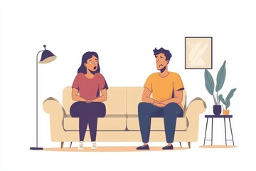 Young Couple Having Serious Conversation on Sofa at Home man sad flat woman scared vector design    
