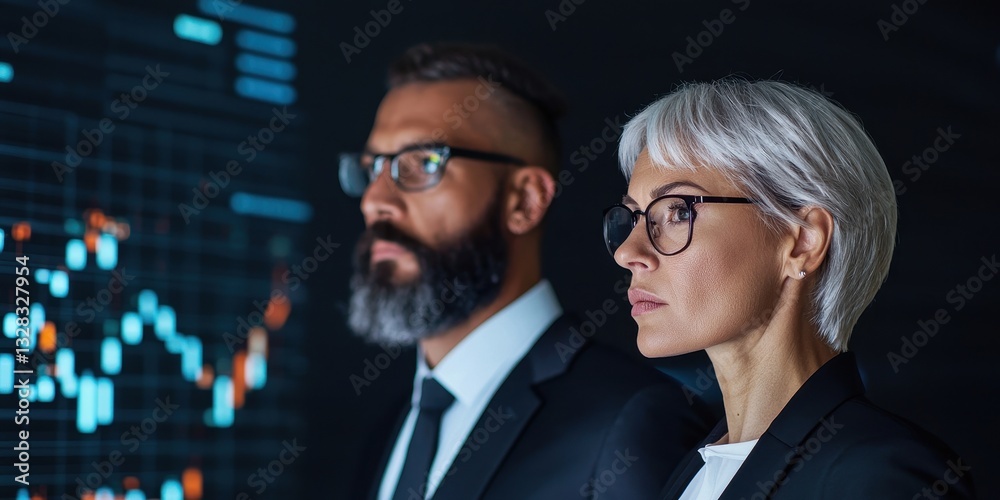 Poster two professionals analyze data on a digital screen, embodying focus and determination in a modern bu