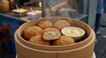 Steamed Asian Fish Cakes with Vegetable Filling and Dipping Sauce in Bamboo Steamer
