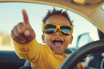 Happy Child Wearing Yellow Sunglasses Driving a Car kid fun boy cute joyful travel summer family    