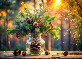 Rustic Evergreen Arrangement: Double Exposure Stock Photo of Winter Botanicals