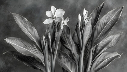Striking monochrome photograph of Canna lily flowers and leaves, showcasing intricate textures and elegant lines against a dark, textured backdrop.