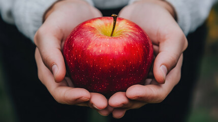 A person holding a shiny red apple in their hands, showcasing freshness and nature.