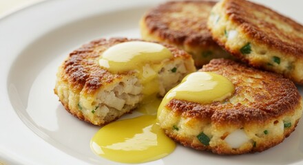 Delicious Golden Brown Fish Cakes with Creamy Mustard Sauce Close up Food Photography