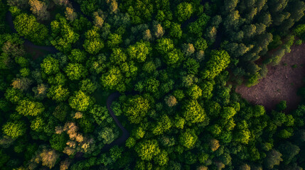 Naklejka premium Aerial view of lush green forest with winding road, showcasing vibrant foliage and natural beauty.