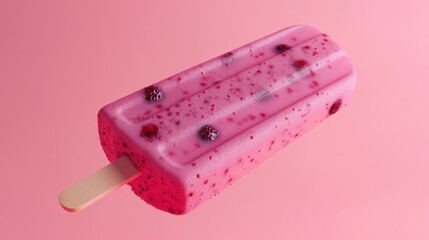 10.A detailed rendering of a berry-flavored popsicle with a smooth, glossy surface, speckled with fruit seeds and pieces, placed against a solid gradient background in complementary pastel tones.