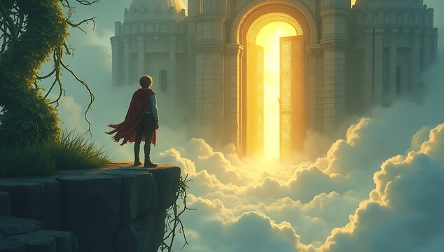 Illustration of Jack standing on a floating cloud, gazing in awe at the massive golden gates of the giant&rsquo;s castle, perched atop a surreal, misty landscape. The castle glows with an ethereal light, an